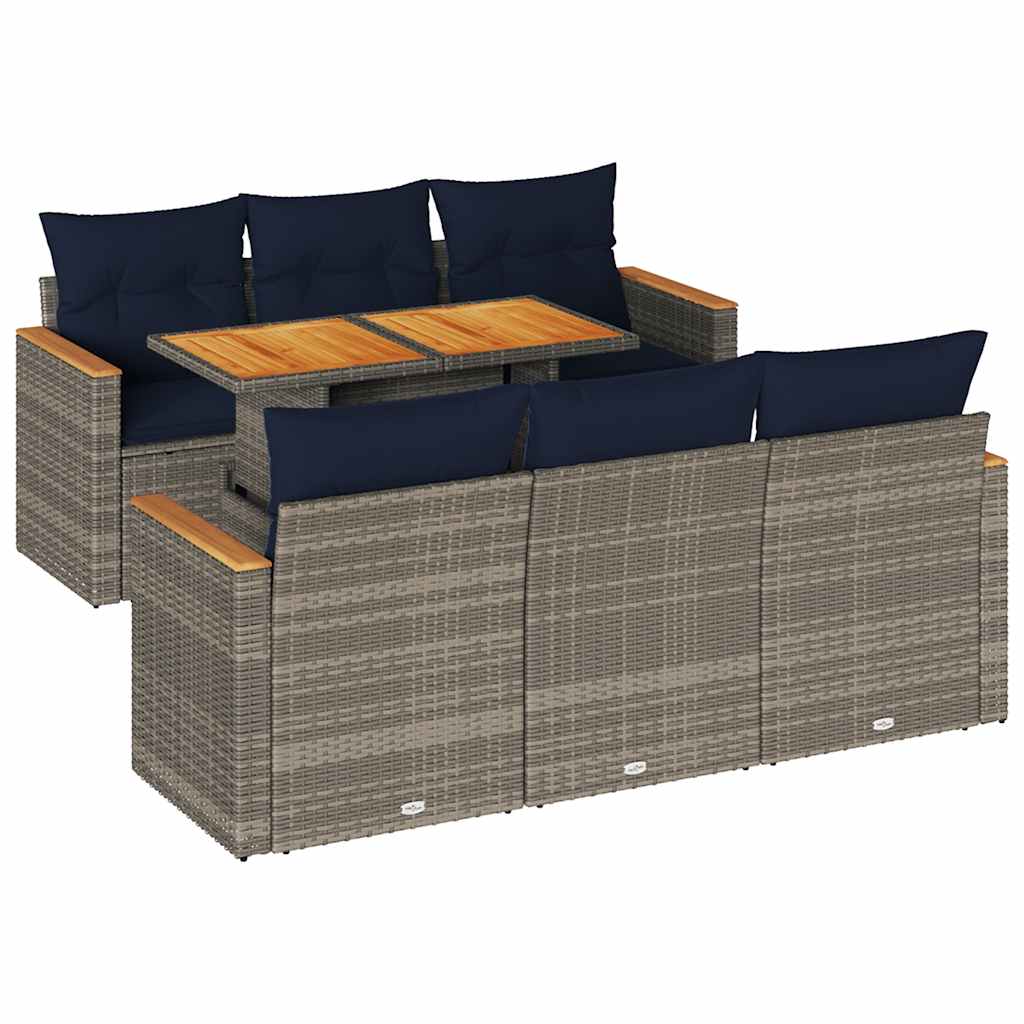 Salon de jardin avec coussins 7 pcs gris résine tressée