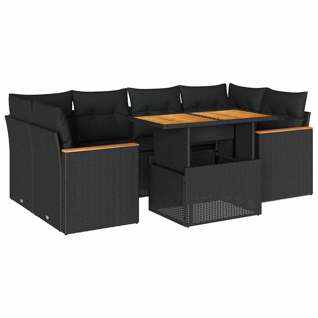 Salon de jardin 6 pcs avec coussins noir résine tressée acacia