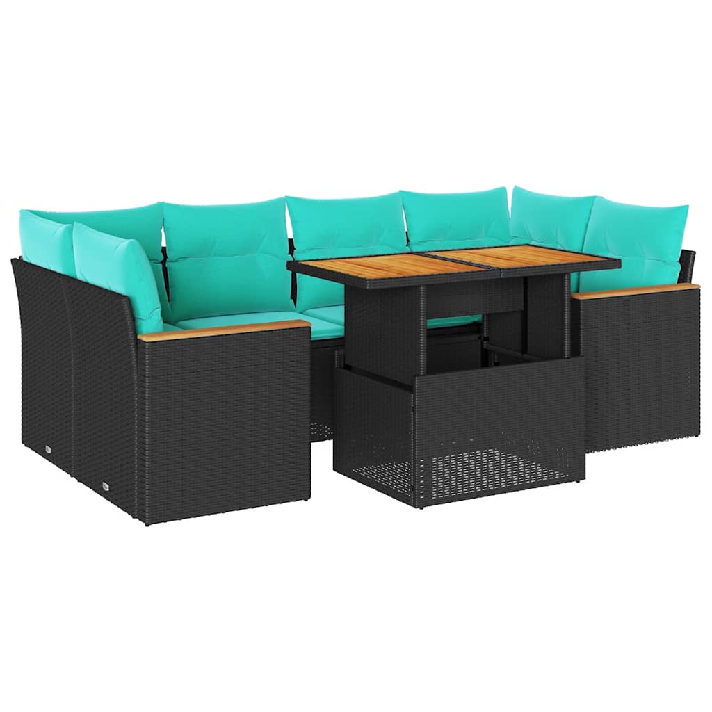 Salon de jardin 7 pcs avec coussins noir résine tressée