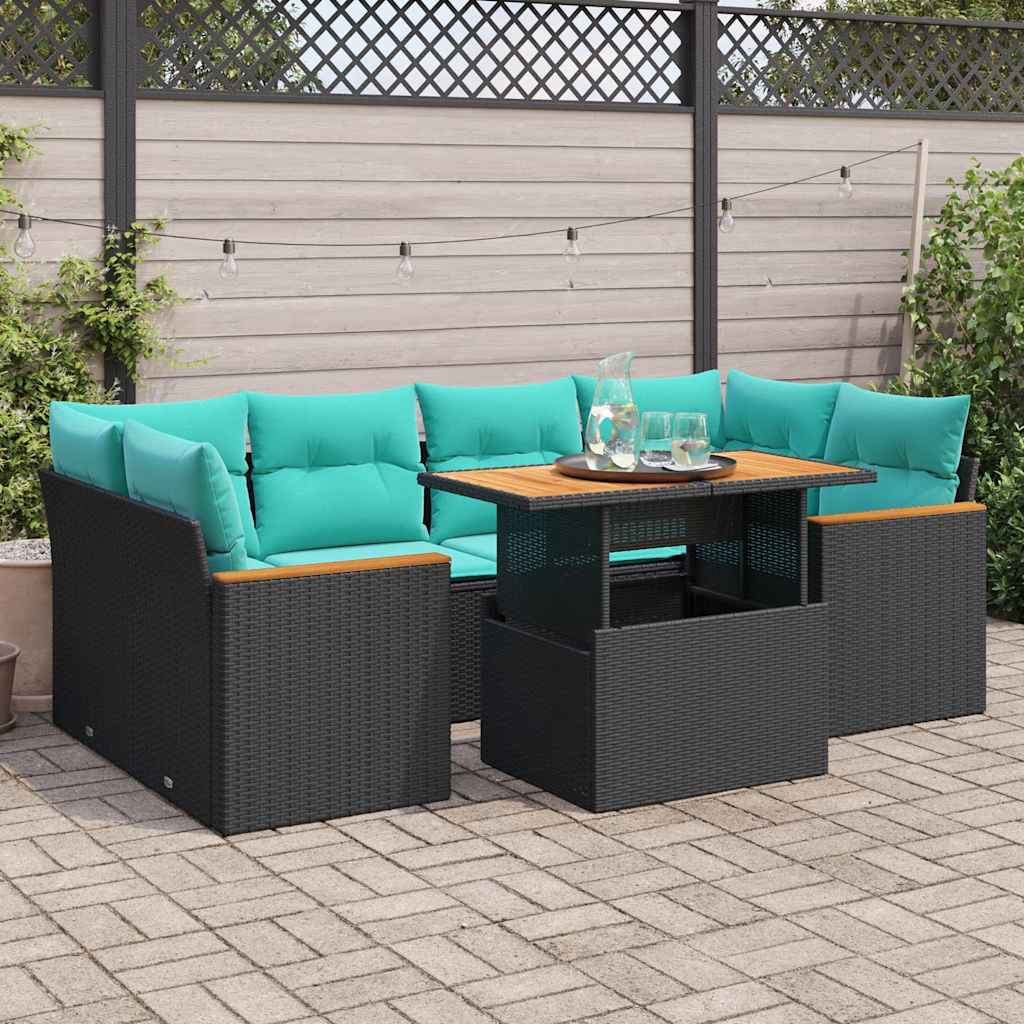 Salon de jardin 7 pcs avec coussins noir résine tressée