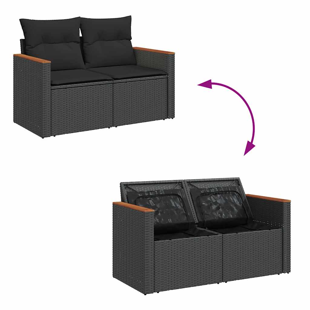 Salon de jardin avec coussins 8 pcs noir résine tressée acacia