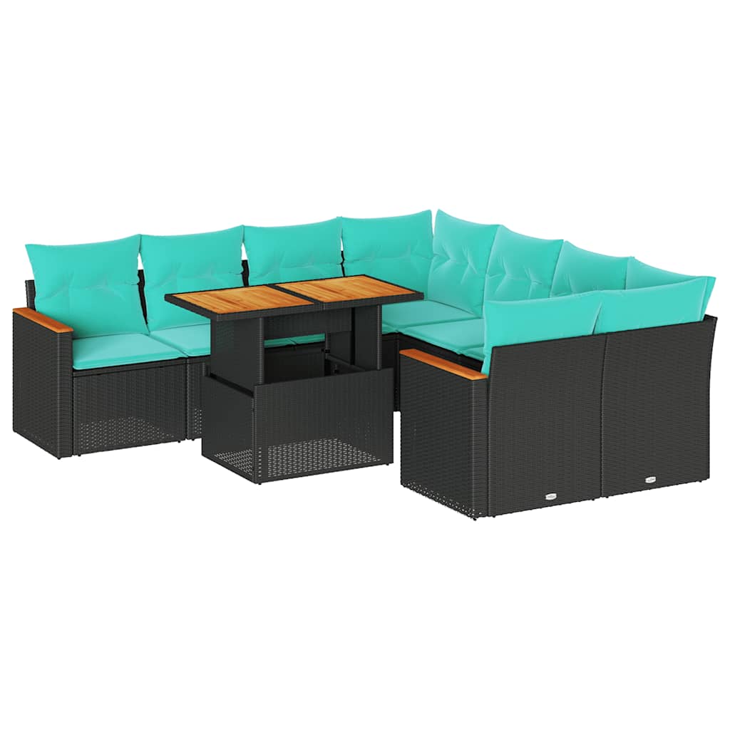 Salon de jardin 9 pcs avec coussins noir résine tressée