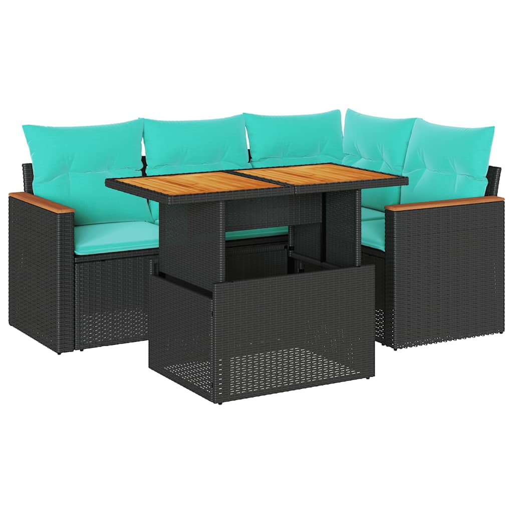 Salon de jardin 5 pcs avec coussins noir résine tressée