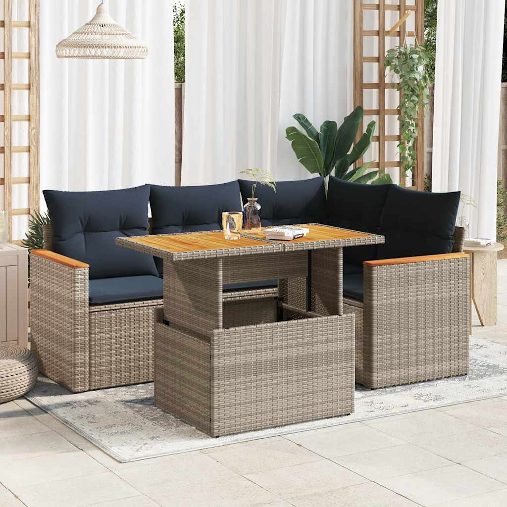Salon de jardin 5 pcs avec coussins gris résine tressée