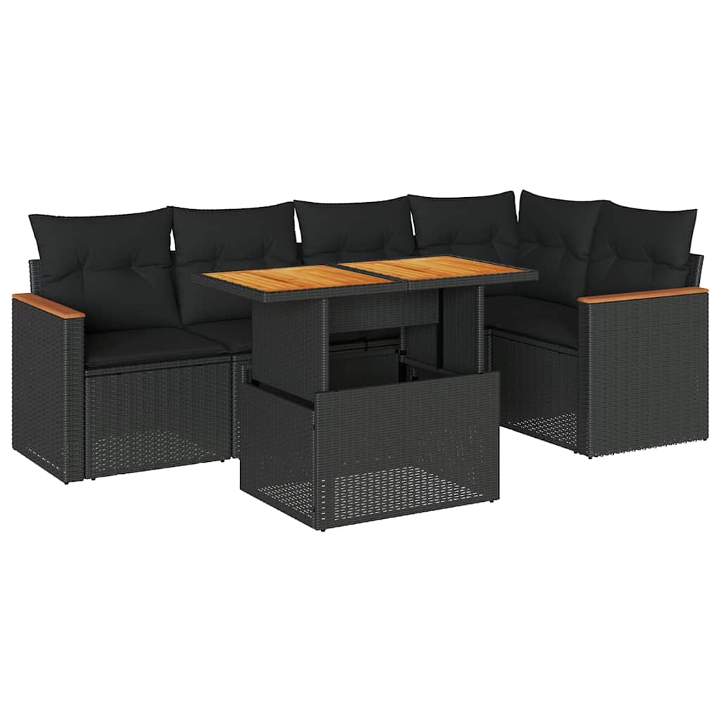 Salon de jardin 6 pcs avec coussins noir résine tressée acacia