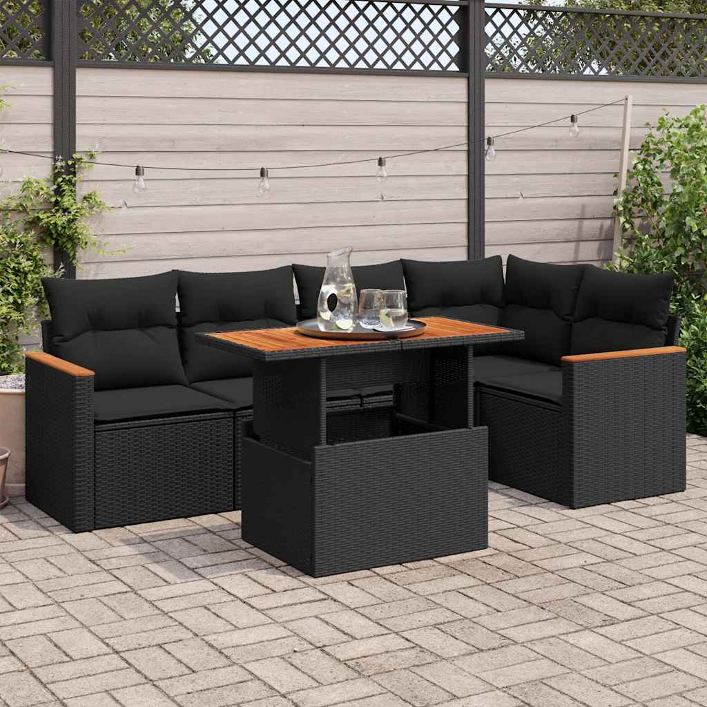 Salon de jardin 6 pcs avec coussins noir résine tressée acacia