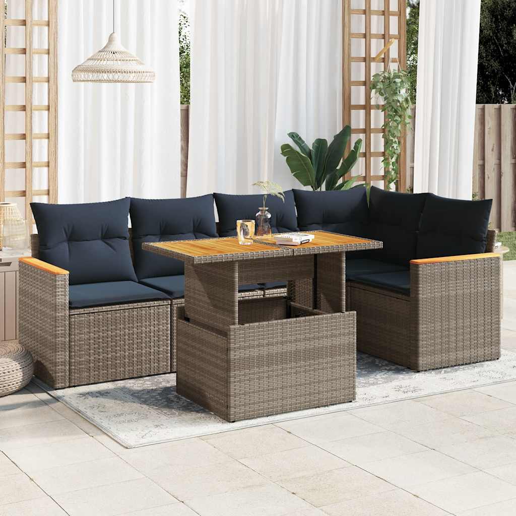 Salon de jardin 6 pcs avec coussins gris résine tressée