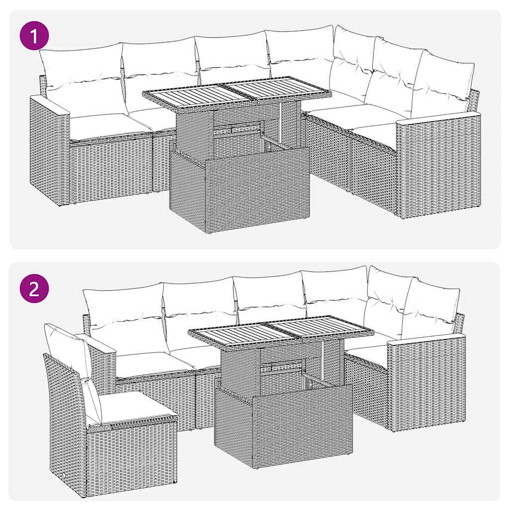 Salon de jardin avec coussins 7 pcs noir résine tressée acacia