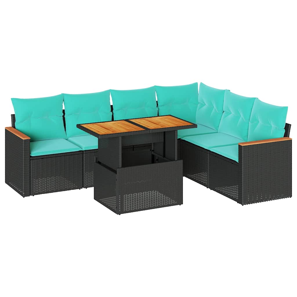 Salon de jardin 7 pcs avec coussins noir résine tressée
