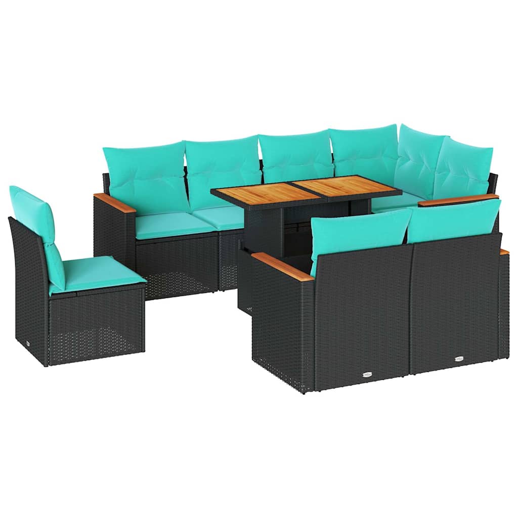 Salon de jardin 9 pcs avec coussins noir résine tressée