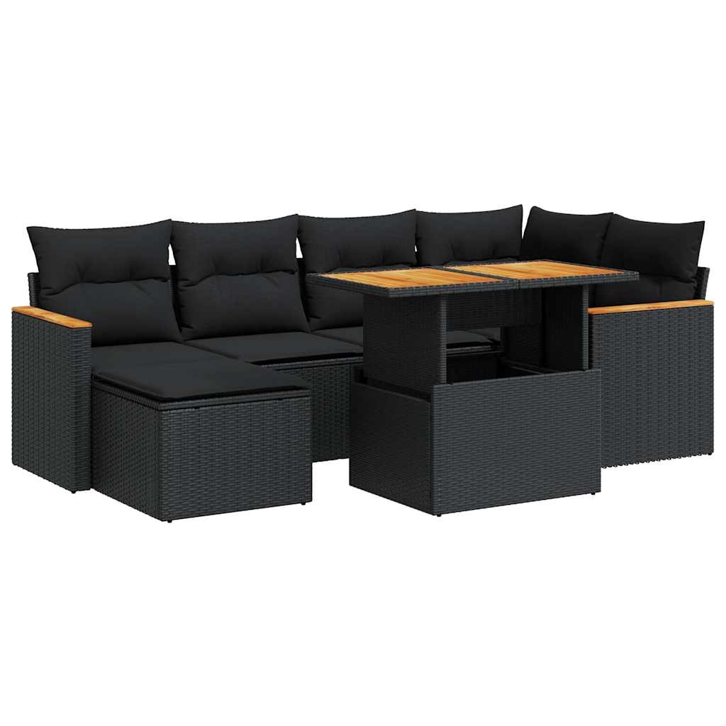 Salon de jardin avec coussins 7 pcs noir résine tressée acacia