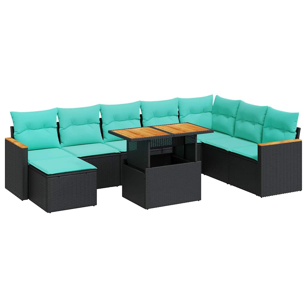 Salon de jardin 9 pcs avec coussins noir résine tressée