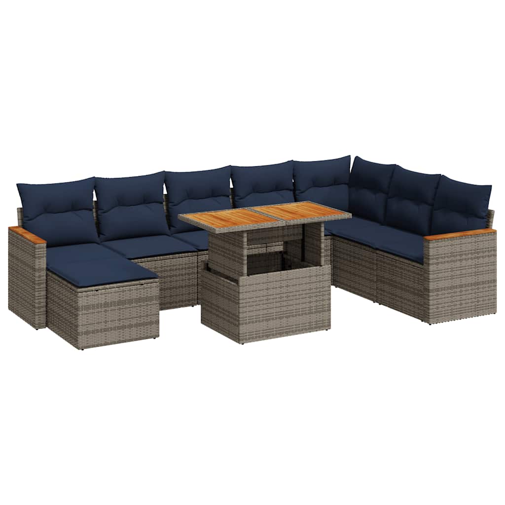 Salon de jardin 9 pcs avec coussins gris résine tressée