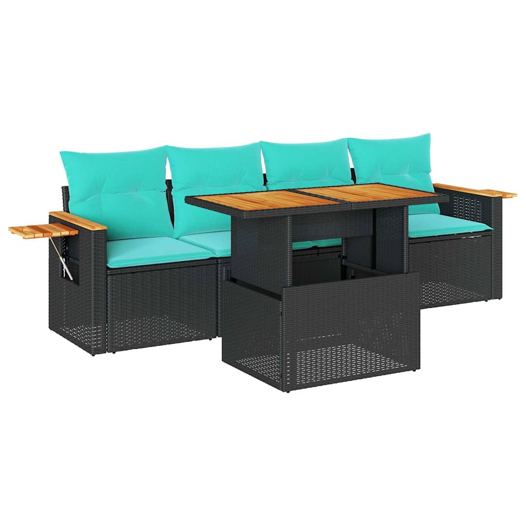 Salon de jardin 5 pcs avec coussins noir résine tressée