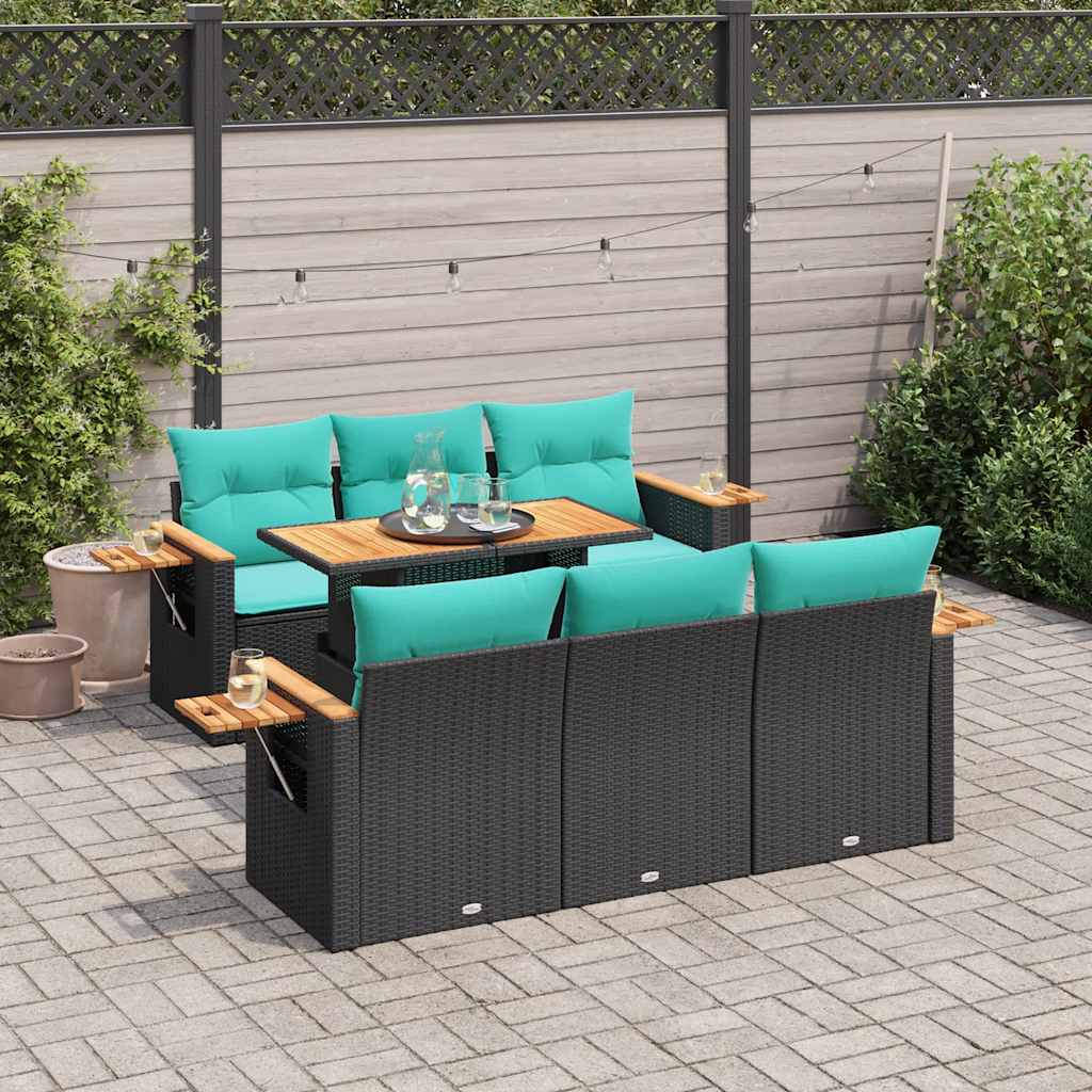 Salon de jardin 7 pcs avec coussins noir résine tressée