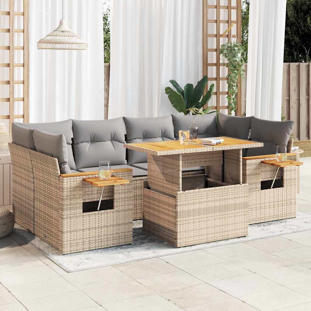 Salon de jardin avec coussins 7 pcs beige résine tressée acacia