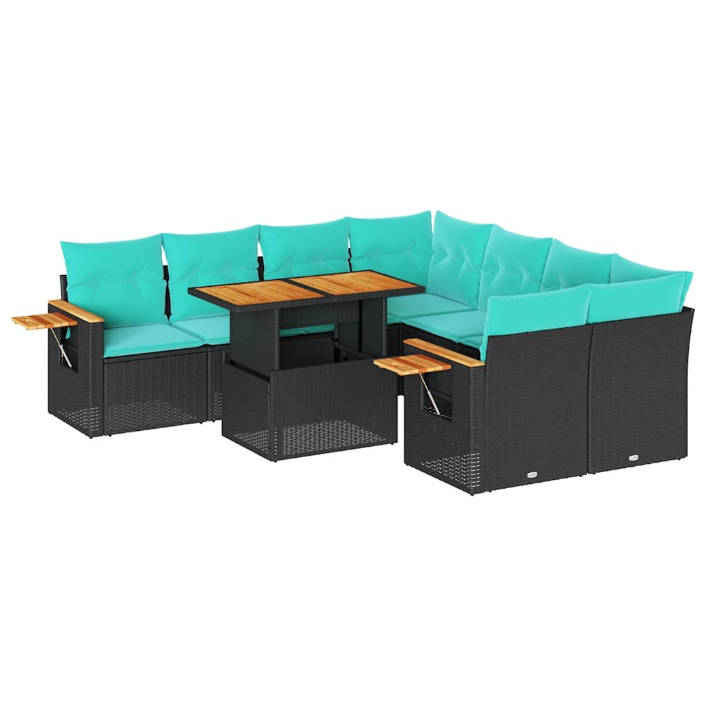 Salon de jardin 9 pcs avec coussins noir résine tressée