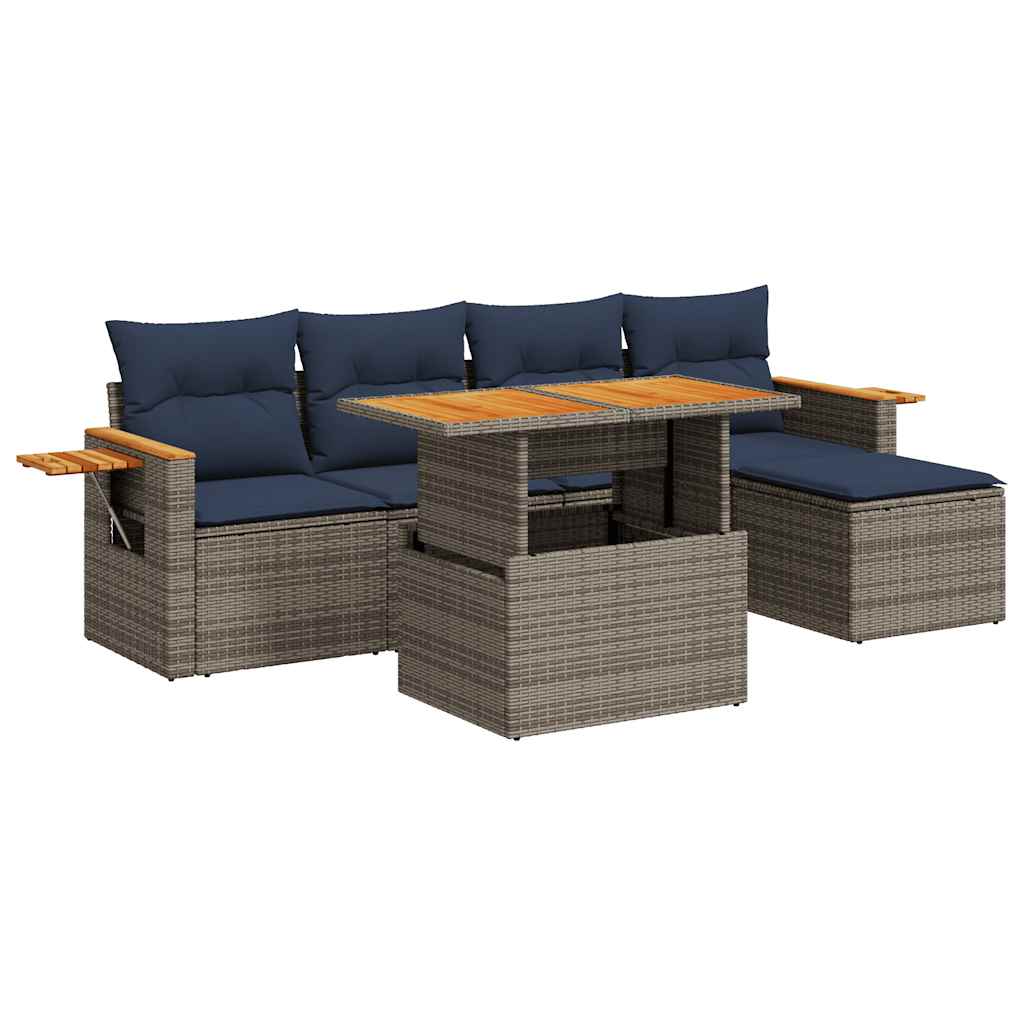 Salon de jardin avec coussins 6 pcs gris résine tressée acacia