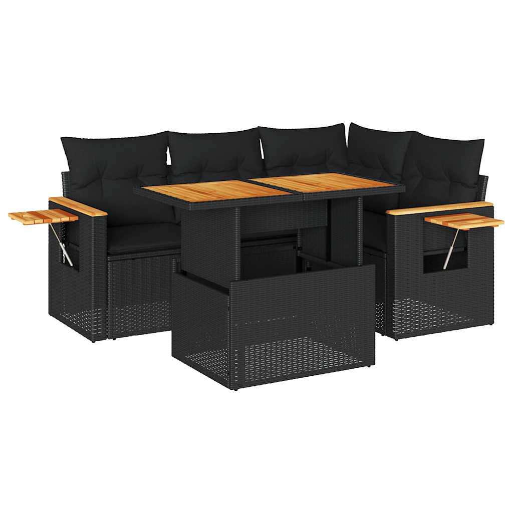 Salon de jardin 5 pcs avec coussins noir résine tressée acacia