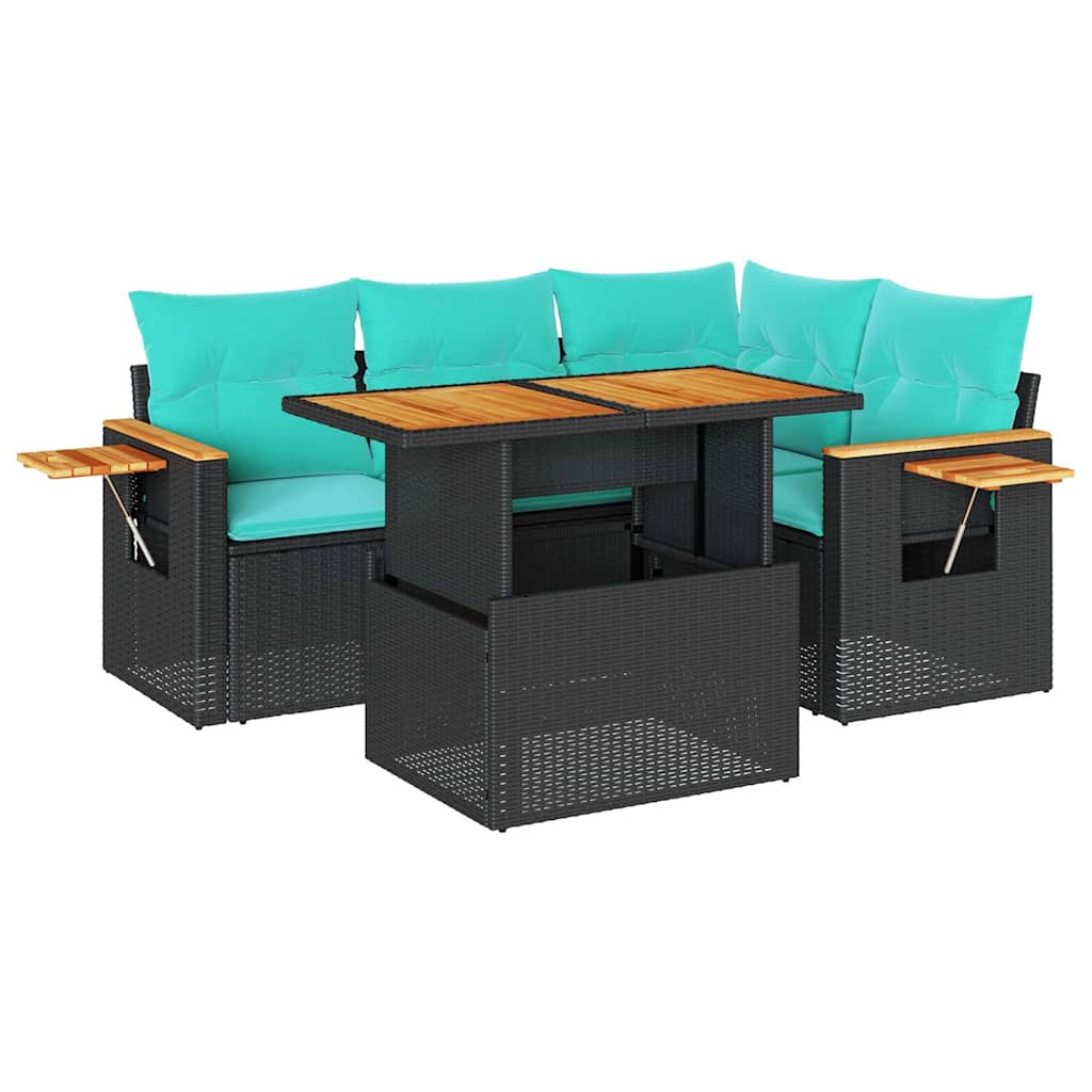 Salon de jardin 5 pcs avec coussins noir résine tressée acacia