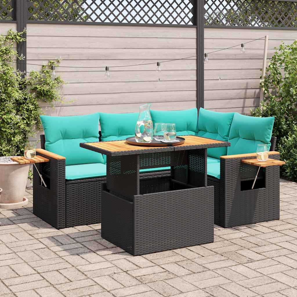 Salon de jardin 5 pcs avec coussins noir résine tressée acacia
