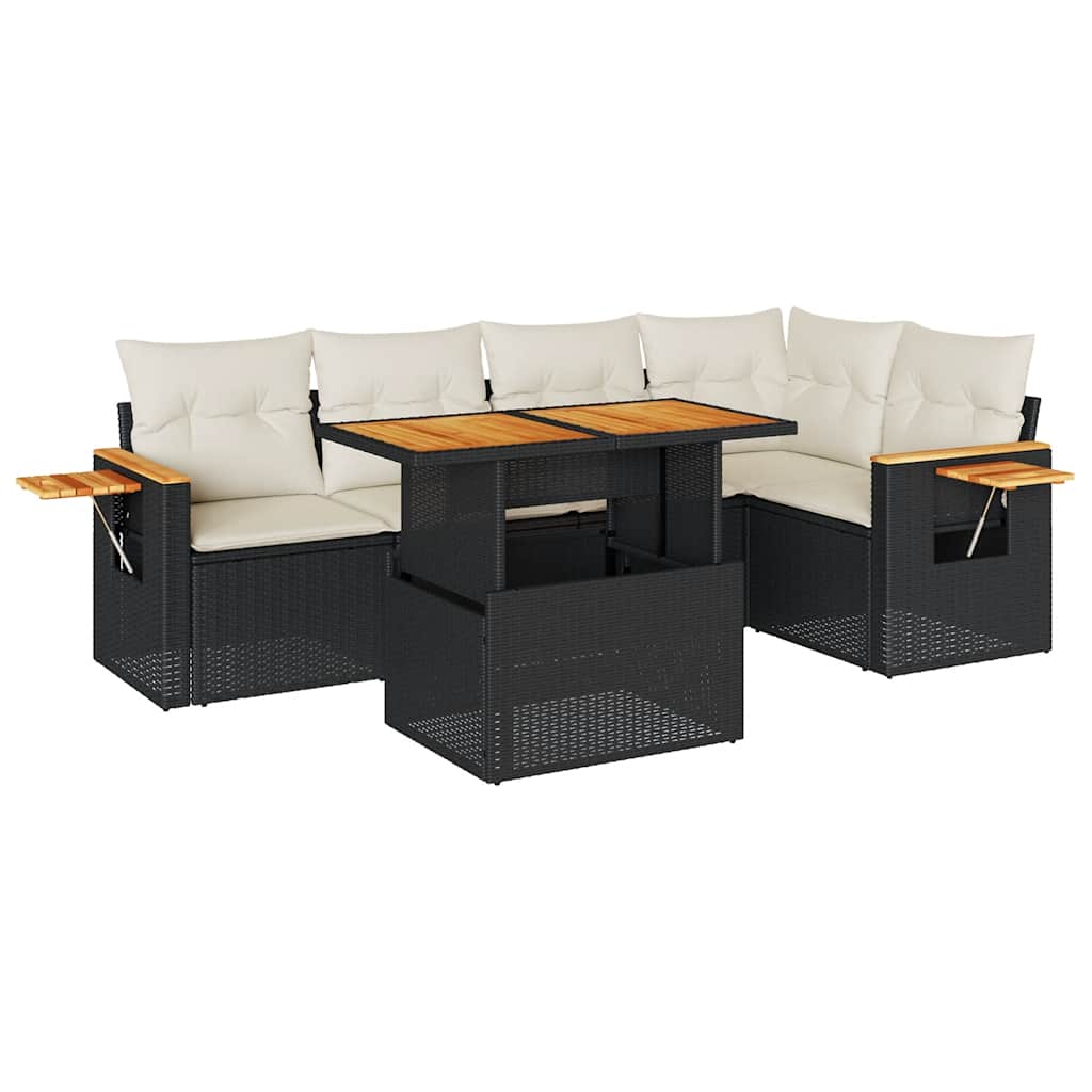 Salon de jardin 6 pcs avec coussins noir résine tressée acacia