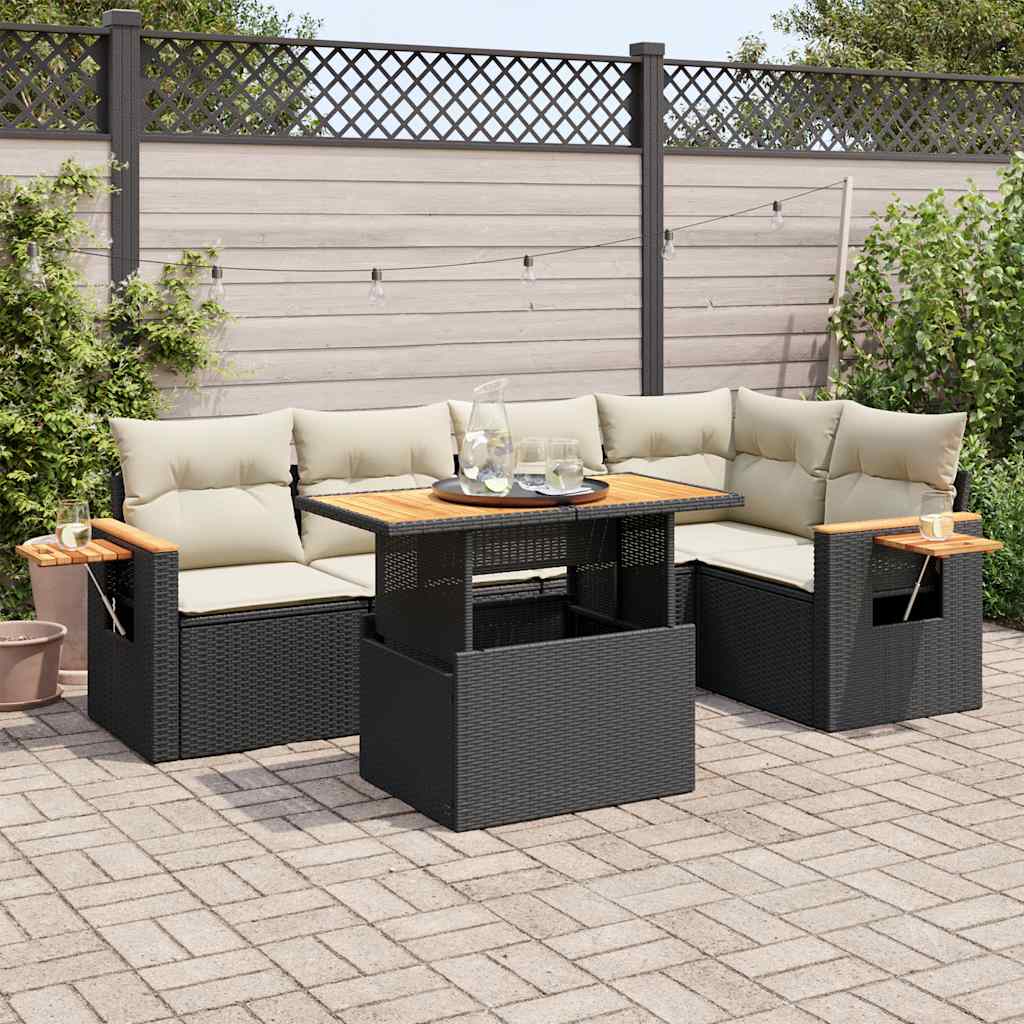 Salon de jardin 6 pcs avec coussins noir résine tressée acacia