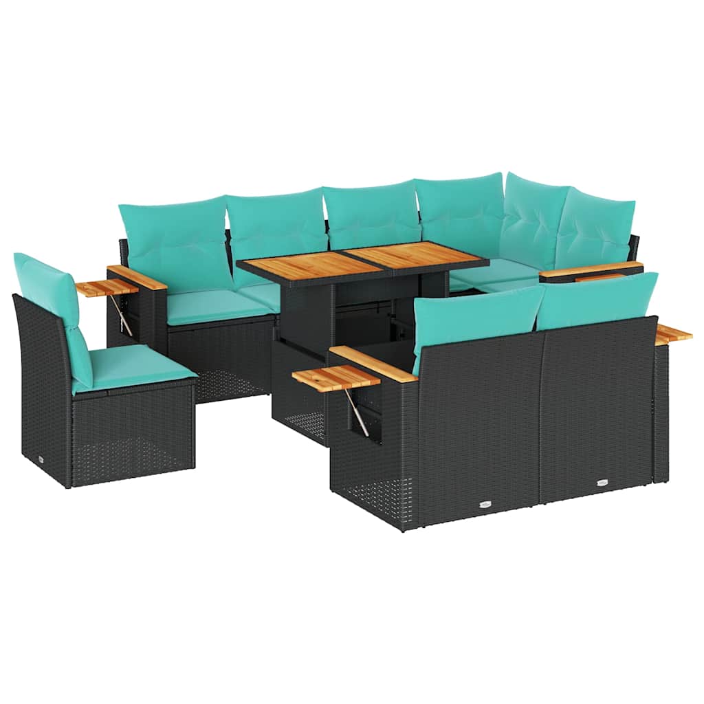 Salon de jardin avec coussins 9 pcs noir résine tressée acacia