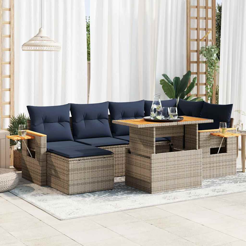 Salon de jardin avec coussins 7 pcs noir résine tressée acacia