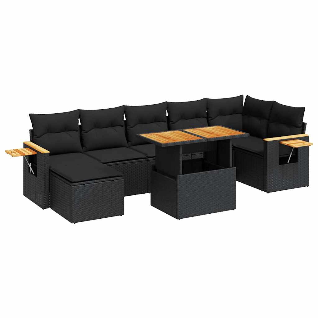 Salon de jardin avec coussins 8 pcs noir résine tressée acacia