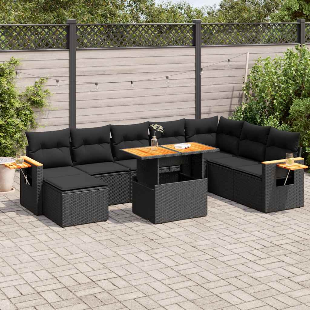 Salon de jardin avec coussins 9 pcs noir résine tressée acacia