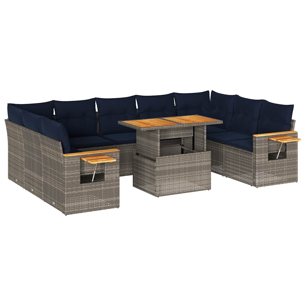 Salon de jardin avec coussins 10 pcs gris résine tressée acacia