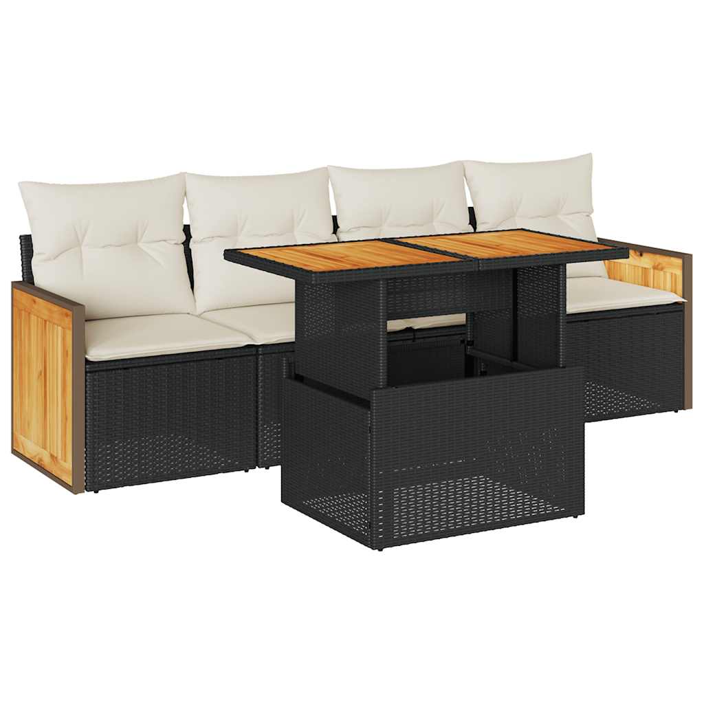 Salon de jardin 5 pcs avec coussins noir résine tressée acacia