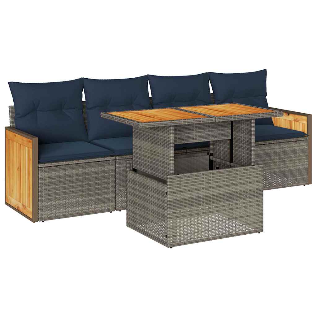 Salon de jardin 5 pcs avec coussins gris résine tressée acacia