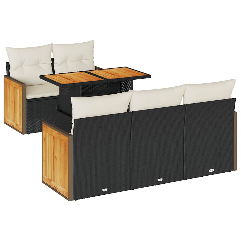 Salon de jardin 6 pcs avec coussins noir résine tressée acacia