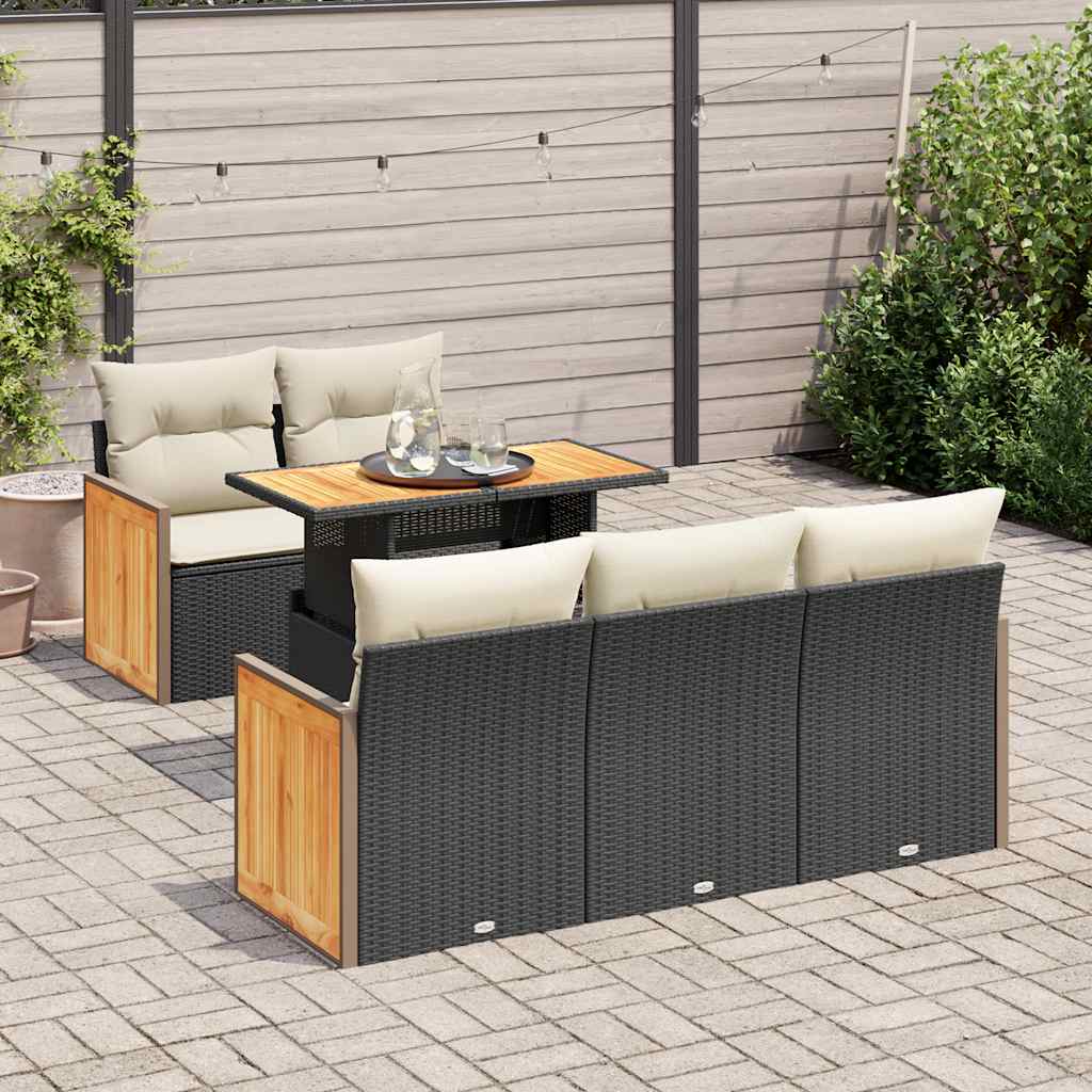 Salon de jardin 6 pcs avec coussins noir résine tressée acacia