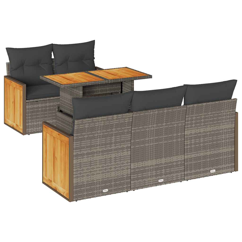 Salon de jardin avec coussins 6 pcs gris résine tressée acacia