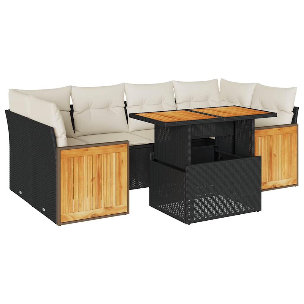 Salon de jardin avec coussins 7 pcs noir résine tressée acacia