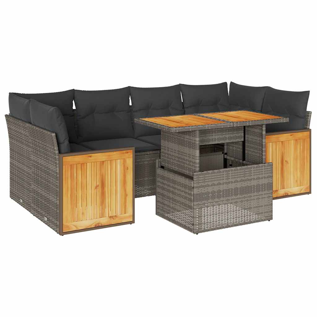 Salon de jardin avec coussins 7 pcs gris résine tressée acacia
