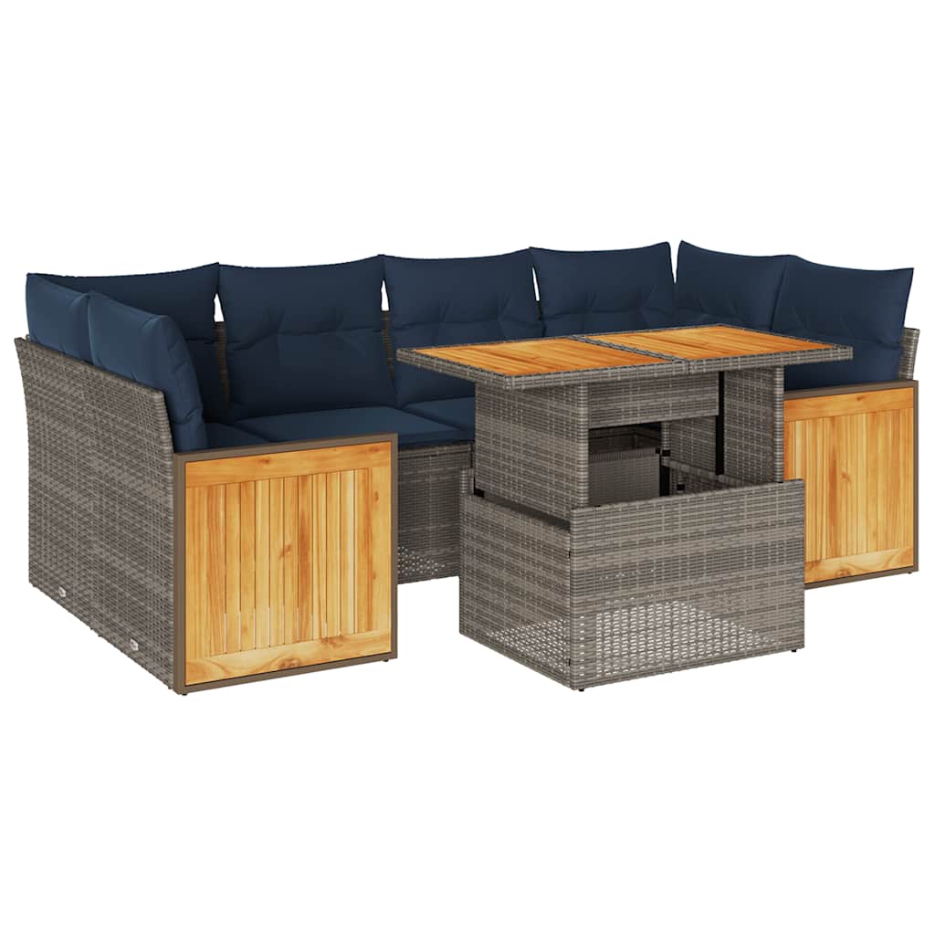 Salon de jardin avec coussins 7 pcs gris résine tressée acacia