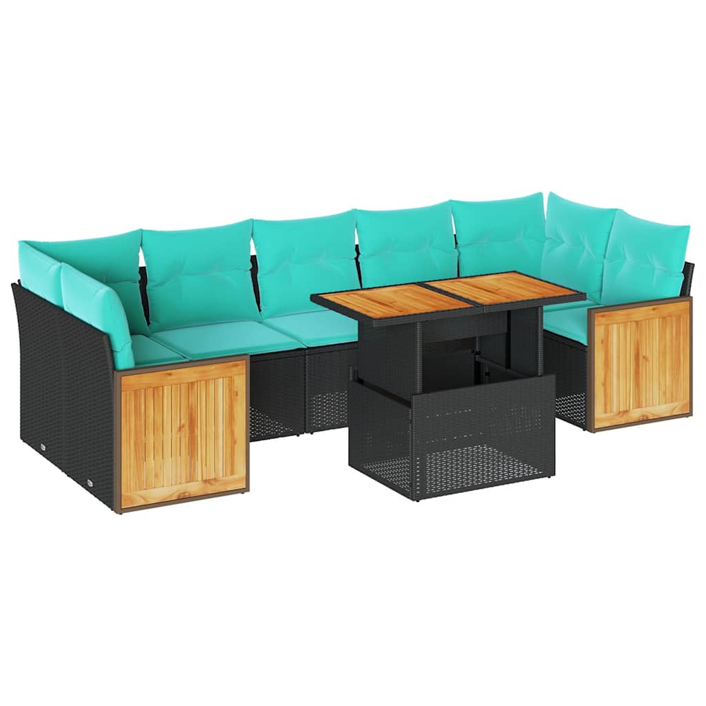 Salon de jardin 10 pcs avec coussins noir résine tressée acacia