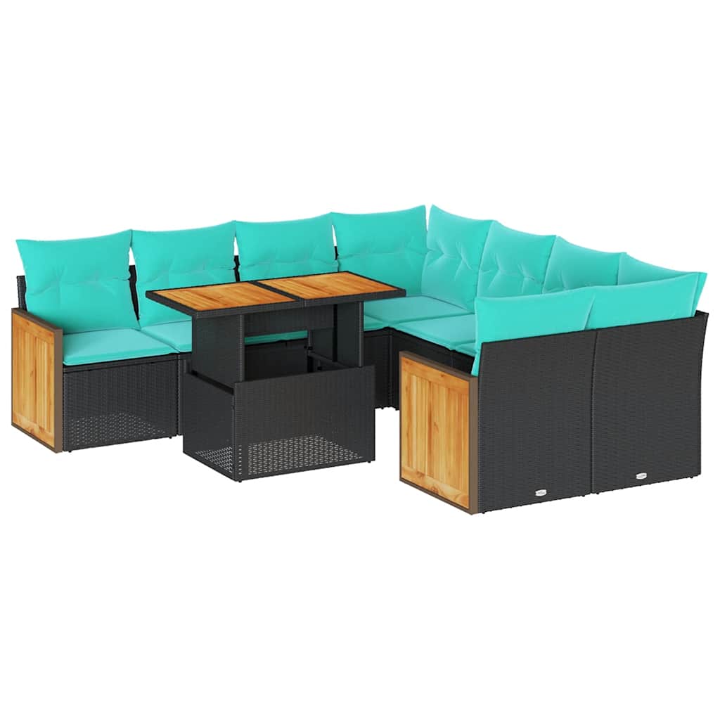 Salon de jardin avec coussins 9 pcs noir résine tressée acacia