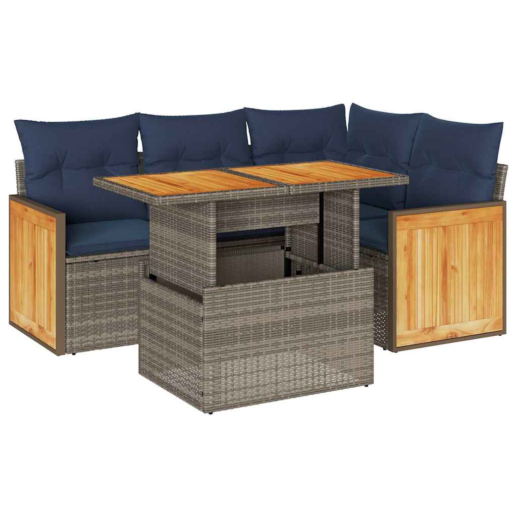 Salon de jardin 5 pcs avec coussins gris résine tressée acacia