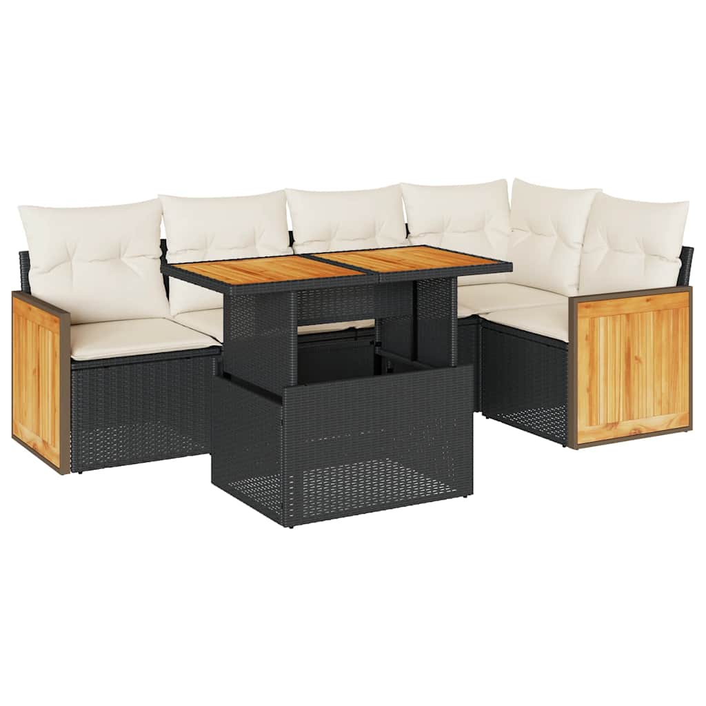 Salon de jardin 6 pcs avec coussins noir résine tressée acacia