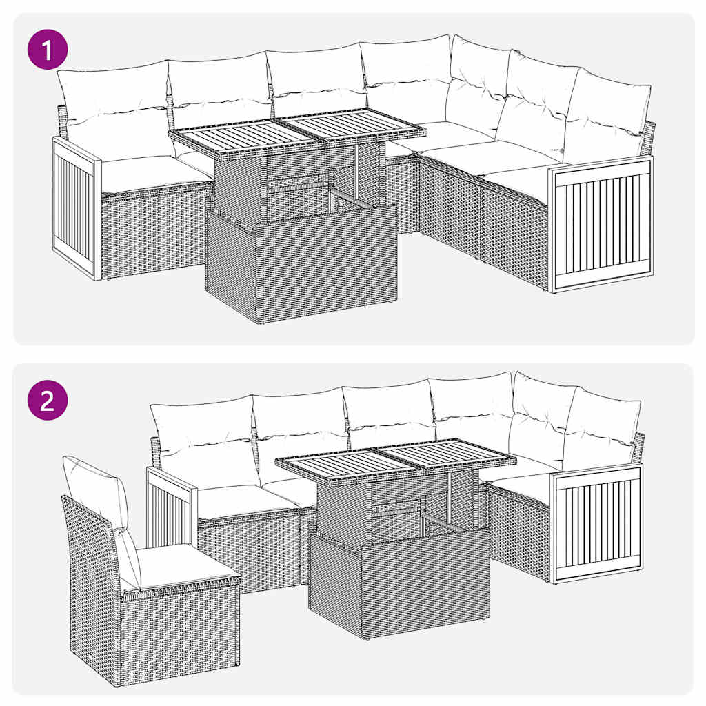 Salon de jardin avec coussins 7 pcs noir résine tressée acacia