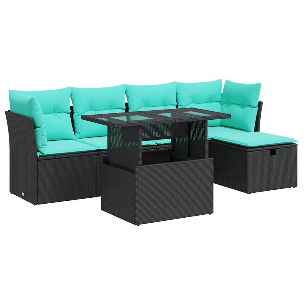 Salon de jardin 6 pcs avec coussins noir résine tressée acacia