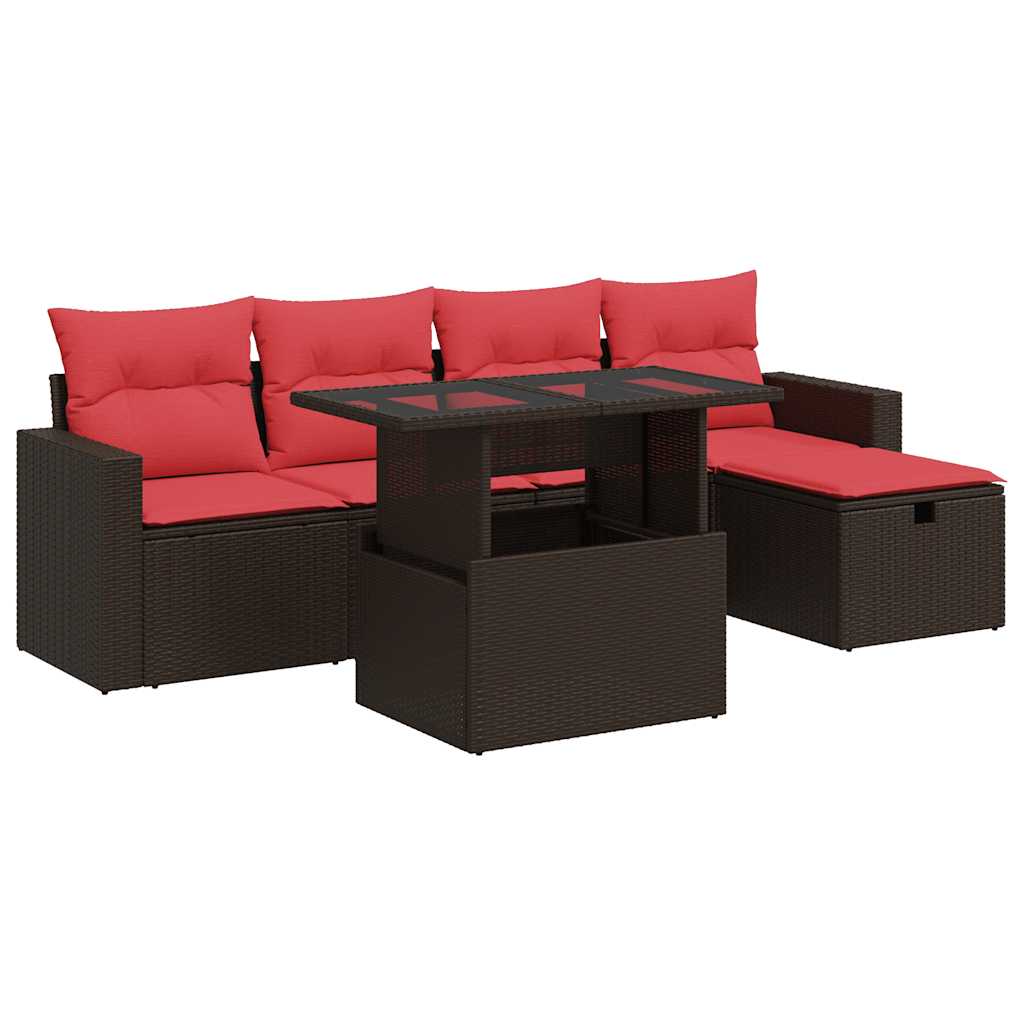 Salon de jardin 6 pcs avec coussins marron résine tressée acacia