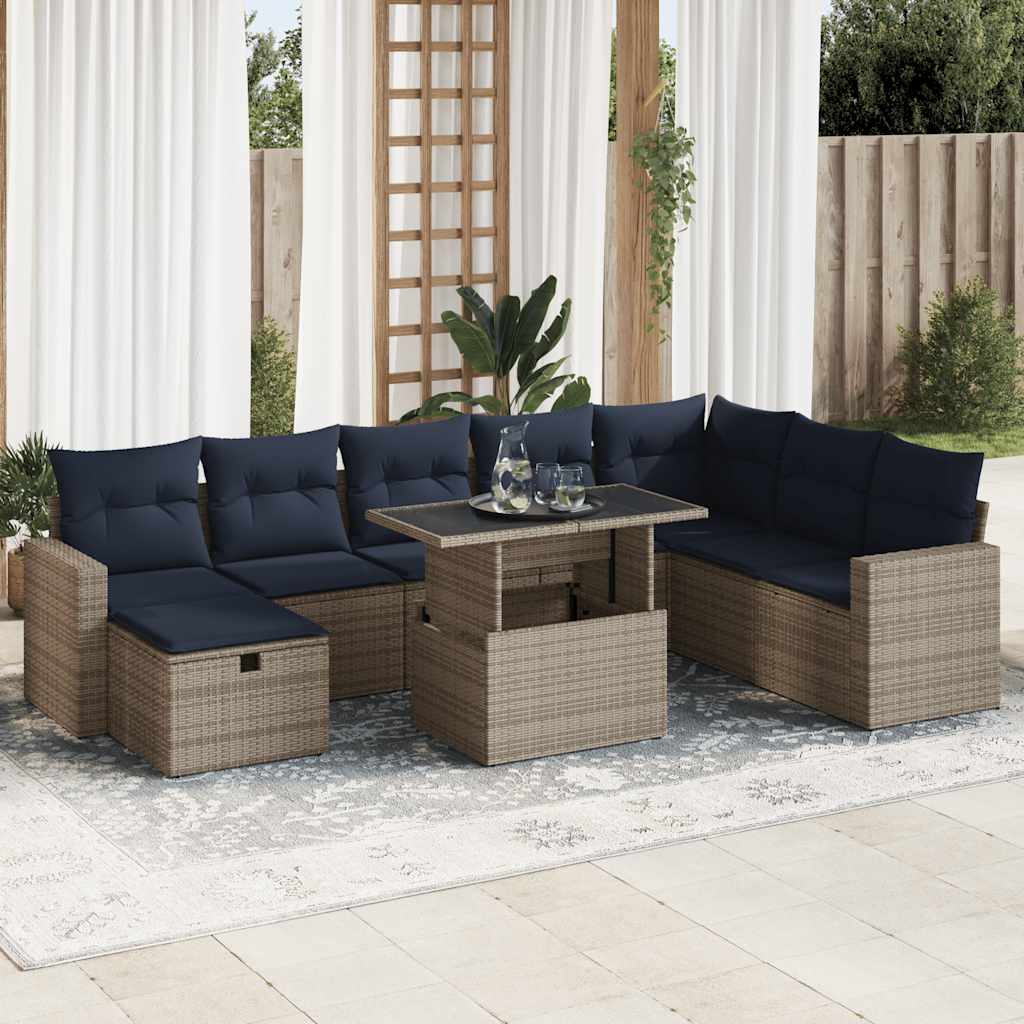 Salon de jardin avec coussins 9pcs gris résine tressée