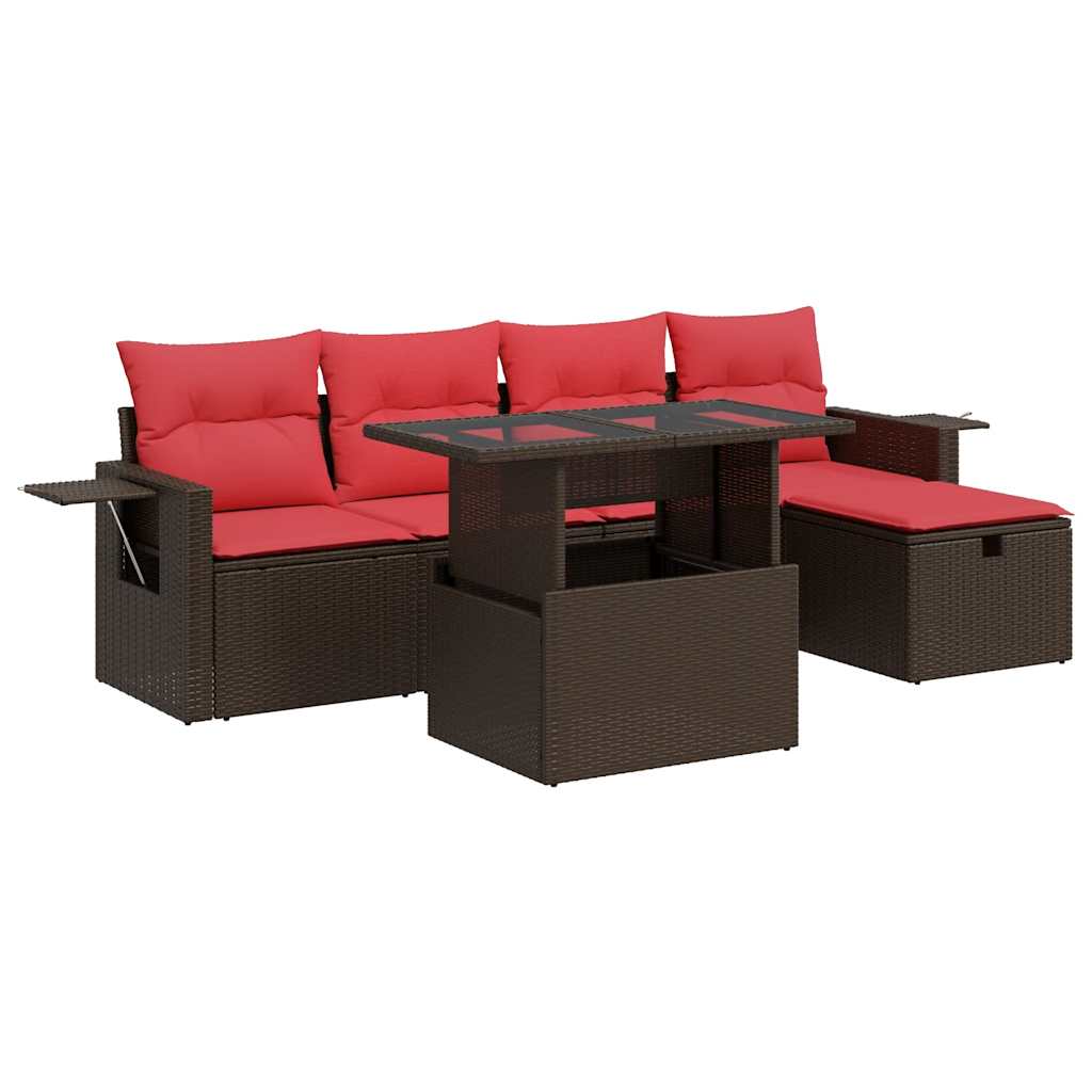 Salon de jardin 6 pcs avec coussins marron résine tressée