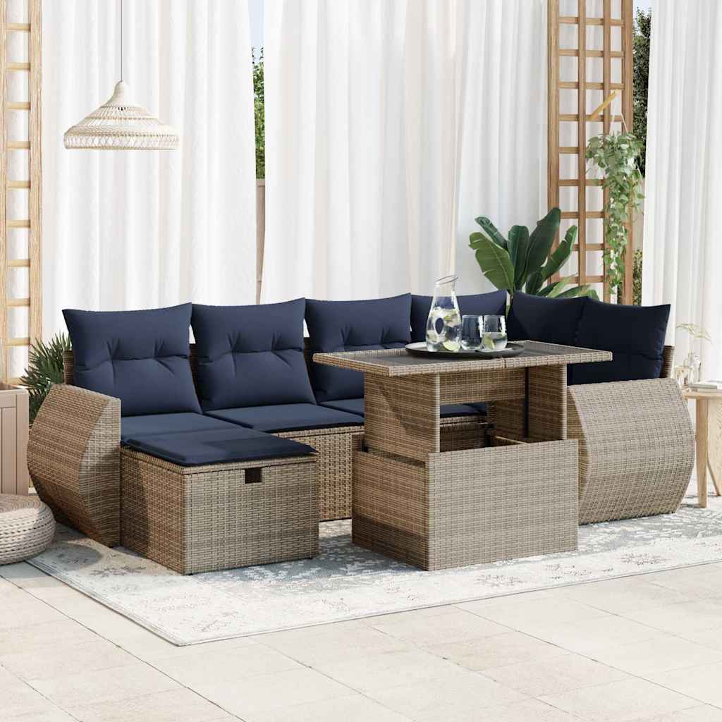 Salon de jardin avec coussins 7pcs gris résine tressée acacia